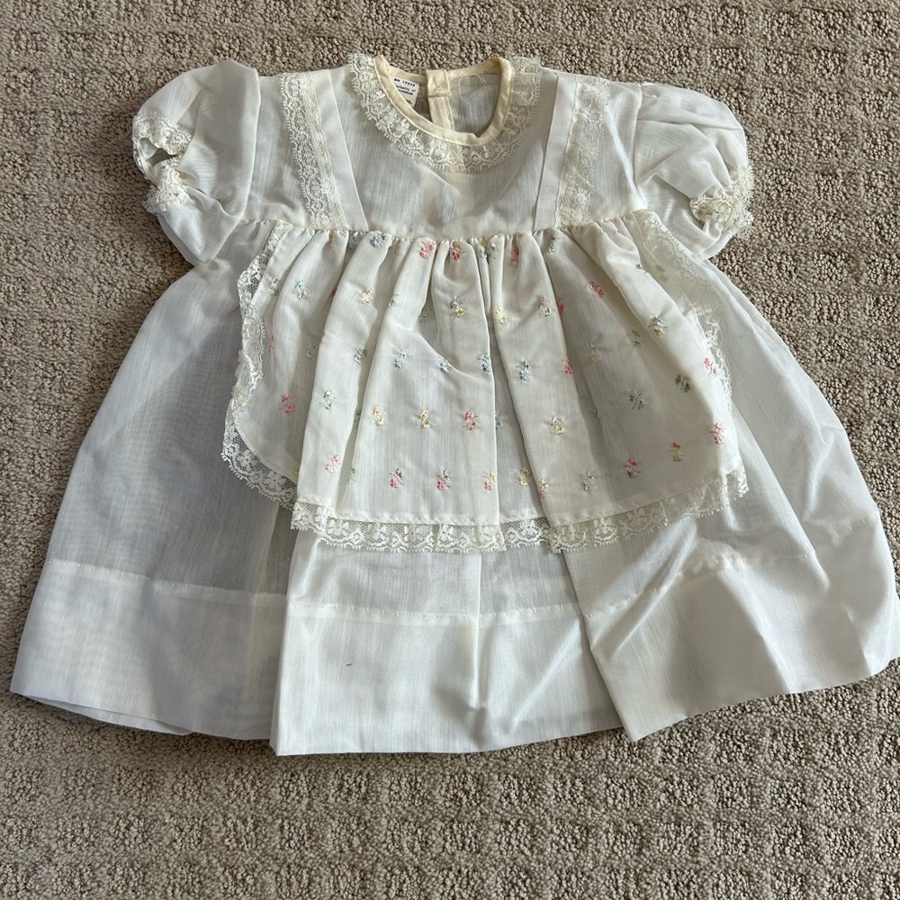 Vintage White Baby Dress with Embroidered Floral Apron